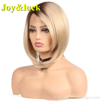 Wholesale Price Wigs For Women High Quality Natural Short Straight Bob Wig Brown Ombre Blonde Lace Front Synthetic Ladies Hair